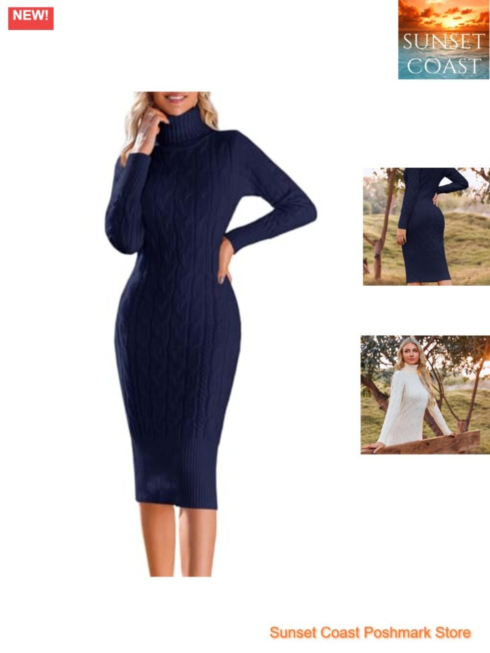 Turtleneck Sweater Dress Ribbed Knit Bodycon Midi Long Sleeve